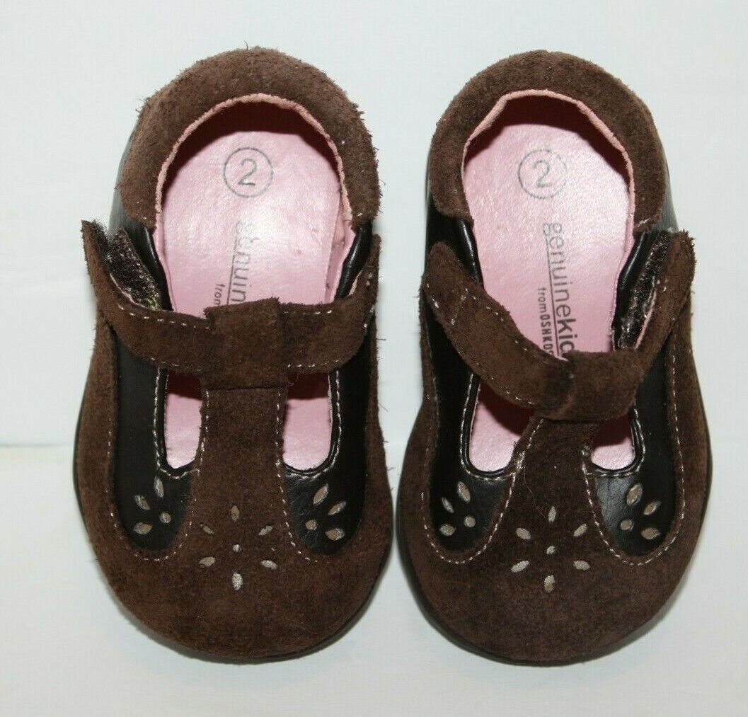 Oshkosh Mary Janes Brown Suede Leather T Strap Baby Size 2 Shoes Hook Loop Strap - $10.70