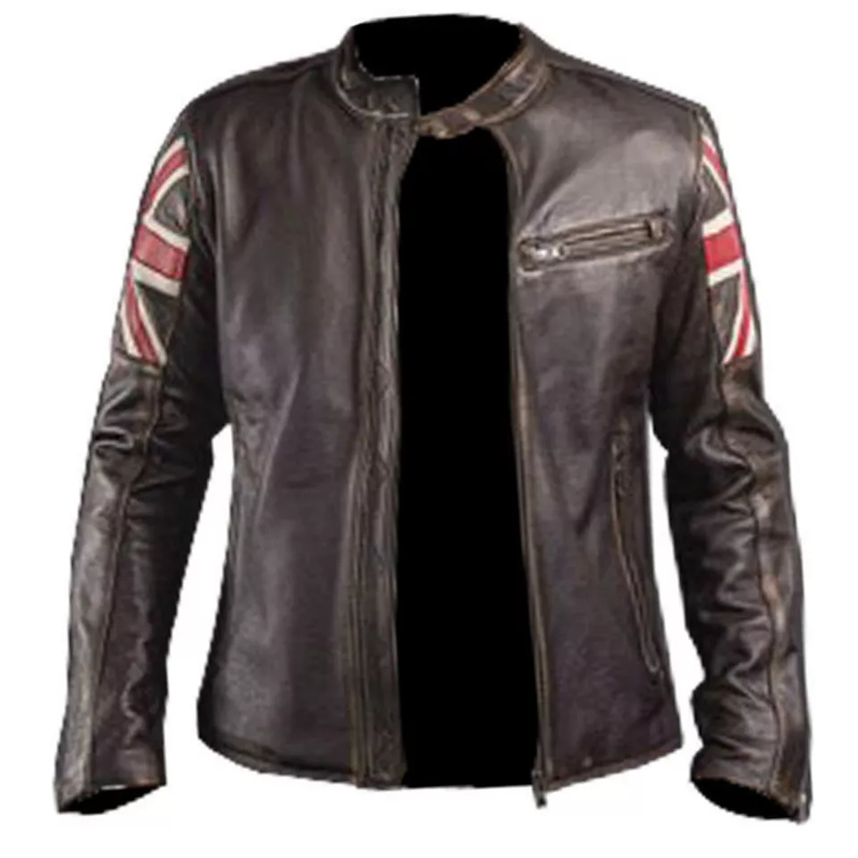  Men UK Flag Crossbones Distressed Vintage Style Motorcycle Leather Jacket - £136.31 GBP