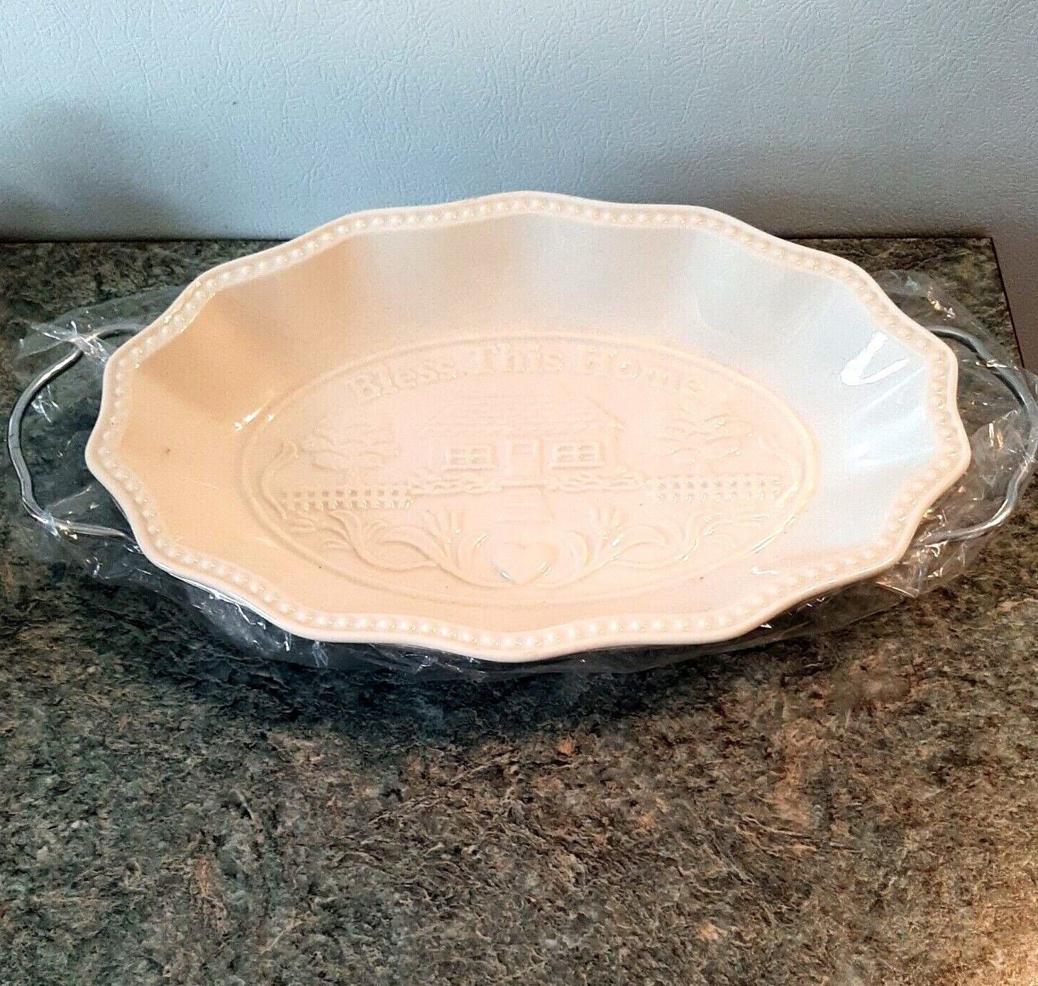 White Oval Scalloped Serving Dish Carrier Sienna Godinger Bless This House  - $24.30