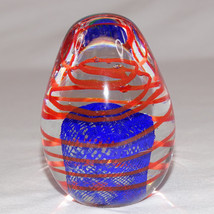Vintage Art Glass BLUE LATTICE &amp; RED SWIRL PAPERWEIGHT Egg Shaped Colorf... - $9.28