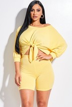 Women&#39;s Yellow Solid French Terry Tie Front  Top And Shorts Two Piece Set - £19.44 GBP