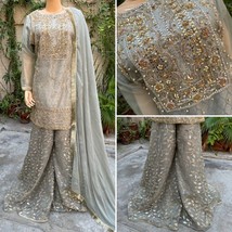 Pakistani Gray heavy  jewel work Organza 3pcs Sharara Dress,L - £114.74 GBP