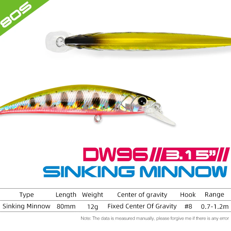 Sporting TSURINOYA 80S 12g Sinking Minnow Fishing Lure DW96 8cm Large Trout Pike - £19.24 GBP