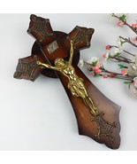 Vintage Art Deco Brass &amp; Wood Crucifix – Ornate Religious Wall Cross - C... - $83.80