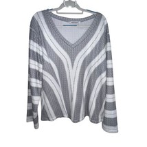MissLook Gray &amp; White Striped V-Neck Knit Sweater Long Sleeve Women&#39;s Si... - $12.36
