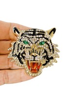 2.25&#39; Wide Tiger Big Cat Face Brooch Pin Rhinestones &amp; Enamel Costume Jewelry - £10.98 GBP