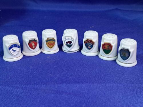 Primary image for Lot of 7 Souvenir Thimbles with Shields Of States -  IA, AZ, FL, ID, NY, MD, ND