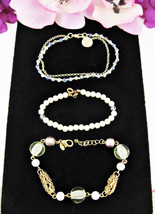 Premier Designs &amp; La Lot Of 3 Vintage Bracelets Green Glass Blue Cream Beads - £17.38 GBP