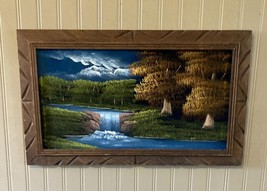 VTG Blk Velvet Landscape Oil Painting Hand Carved Wood Frame Made In Mexico - £44.38 GBP