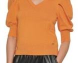 DKNY Short Pleated Puffed Elbow Sleeve V-Neck Knit Top Small Amber - $32.73