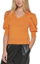 DKNY Short Pleated Puffed Elbow Sleeve V-Neck Knit Top Small Amber - £24.95 GBP