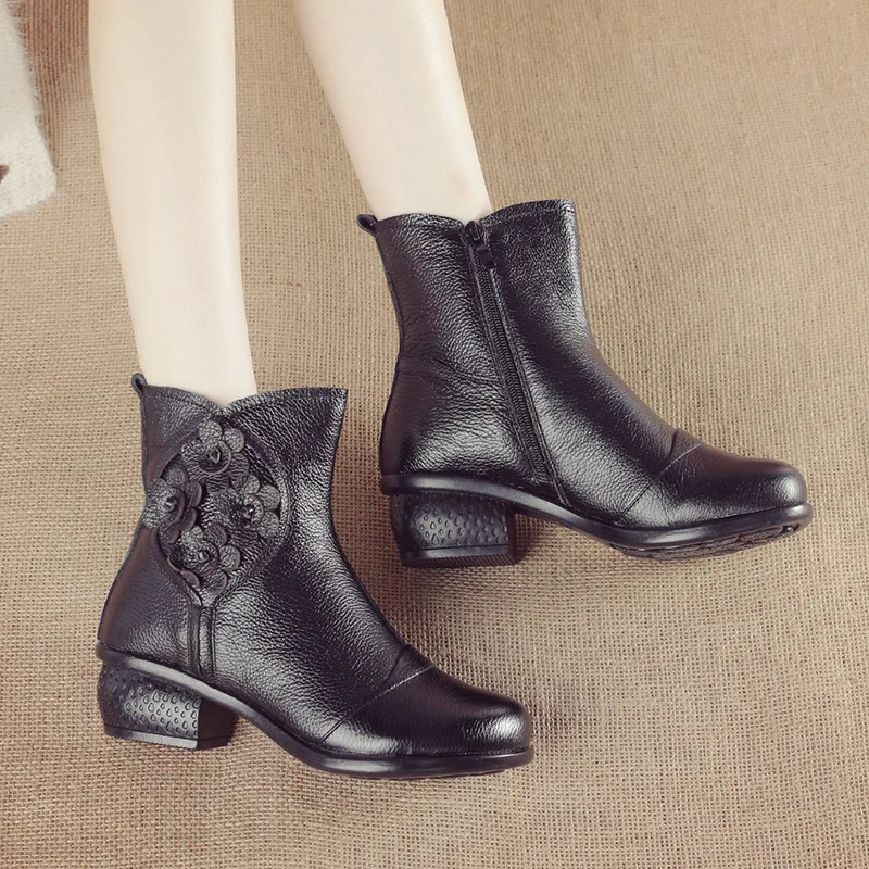 Xiuteng New Casual Retro Ethnic Style Leather Flower  Women&#39;s Boots Autumn Winte - £70.78 GBP