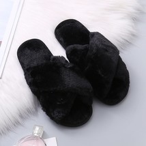Ffy slippers women cozy faux fur cross indoor floor slides flat soft furry shoes ladies thumb200