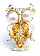 Vintage Owl Brooch Scatter Pin Goldtone Amber Rhinestones Faux Pearl Eyes  - £11.05 GBP