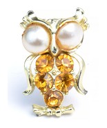 Vintage Owl Brooch Scatter Pin Goldtone Amber Rhinestones Faux Pearl Eyes  - $13.86