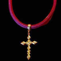 1928 beautiful burgundy wine gold cross with rhinestones choker necklace - £43.39 GBP