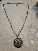 Vintage Locket Pendant Necklace  34&quot; Chain Faux Turquoise Cocoban &amp; Rhin... - $43.55 CAD
