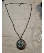 Vintage Locket Pendant Necklace  34&quot; Chain Faux Turquoise Cocoban &amp; Rhin... - $43.76 CAD