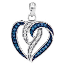 10k White Gold Womens Round Blue Color Enhanced Diamond Heart Pendant 1/6 - £157.22 GBP