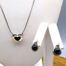 Vintage Black Enamel Heart Pendant Necklace and Drop Stud Earrings - $38.70