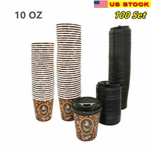 100 Pack Quality Disposable Paper Hot Coffee Tea Cups with Lids- 10 oz - £23.21 GBP