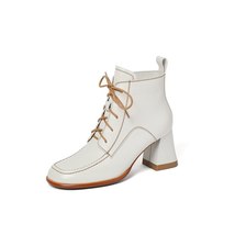Spring New Hot Sale Leather Footwear Women Boots Lace Up Square High Heels Casua - £117.36 GBP
