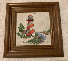 Vintage Lighthouse needlework square framed wall art - $17.74