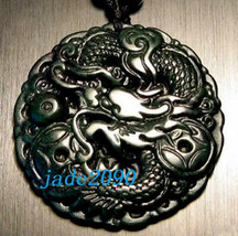 Free Shipping -  Natural black green jade carved Dragon Round shape char... - $15.99