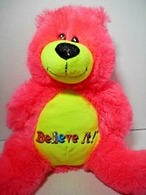 Fiesta Pink Neon Yellow Teddy Bear Plush Stuffed Animal BELIEVE IT LOGO 11 Inch - £15.57 GBP