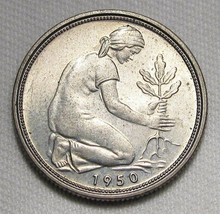 1950-G Germany 50 Pfennic CH+ UNC Nice Original Bloom AD860 - $13.55