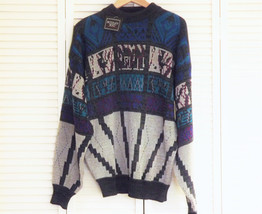 Vintage Mens Bold Striped Party Sweater, Pullover 1980&#39;s Sweater Blue Teal - £25.70 GBP