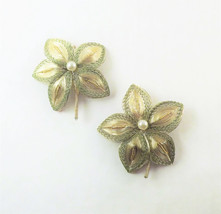 Flower Brooch Pin Set, Vintage Gold Mesh Wire Floral Lapel Pins w Pearl - $28.00