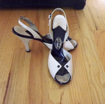 Vintage Peep Toe Shoes, Cream &amp; Black Leather High Heel Shoes,  - $154.00