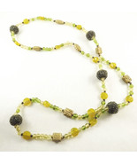 Glass Beaded Long Necklace, Black Big Strung Bead Balls, Gold Metal Flow... - $42.00