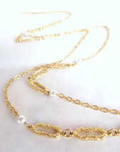 Gold Pearl Necklace, Extra Long Chain Necklace, Vintage 1970s Jewelry, Thin Meta - £18.87 GBP