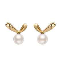 999 Sterling Silver/ Gold Plated Bow-knot Round White Shell Pearls Stud Earrings - £29.87 GBP