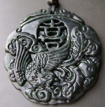 Free Shipping - Good luck Amulet  Natural dark Green Jade carved  Phoenix  Round - £15.98 GBP