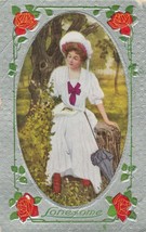 Vintage Postcard Lonesome Woman Silver Border Roses 1914 - £7.11 GBP