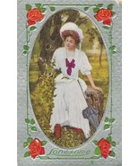 Vintage Postcard Lonesome Woman Silver Border Roses 1914 - £7.03 GBP