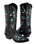 Womens Cowboy Boots Black Western Wear Leather Floral Embroidered Snip Toe - £77.52 GBP