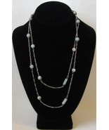 Green Stone Beaded Silver Metal Chain Necklace Handcrafted Long Doubled ... - £27.97 GBP