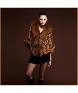 Long Hair Dog Racoon Faux Fur Trimmed Collar Sleeve Leopard Faux Fur Coat Jacket - £105.36 GBP
