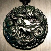 Free Shipping - 2012 dragon YEAR -  Amulet Natural dark Green Jade carved  drago - $20.00