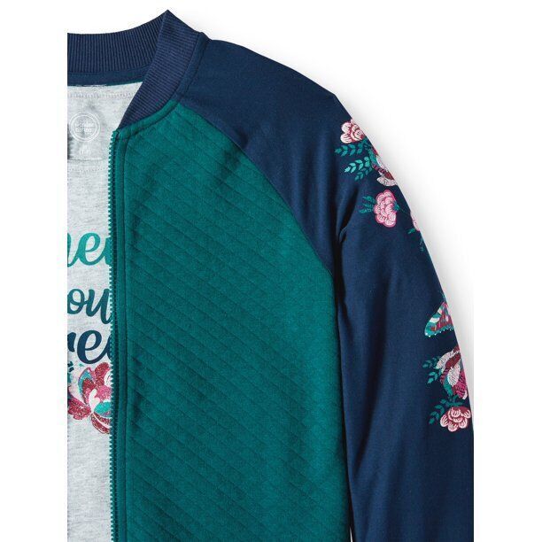 Wonder Nation Girl's Knit Bomber Jacket and Graphic T-Shirt, Blue Cove S/CH(6-6x Item image 2