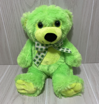 Classic Toy Company bright lime green plush teddy bear checked bow black... - $15.58