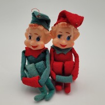 Two Vintage Red Christmas Knee Hugger Elf Japan Christmas Ornament Rubber Face - £29.60 GBP