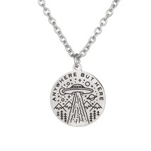 Anywhere But Here Necklace 21&quot; Chain Funny Ufo Alien Abduction Pendant Stainless - £7.03 GBP