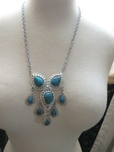 Vintage Pendant Necklace Silver Tone Chain Faux Turquoise Southwestern Look 23&quot; - £7.98 GBP