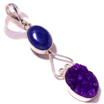 Afghan Lapis Lazuli, Purple Druzy Gemstone 925 Silver Overlay Handmade Pendant - £8.80 GBP