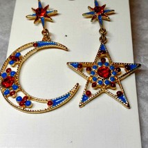 Gorgeous Vtg crescent moon/star earrings~gold trim~red~white~blue rhinestones - £20.97 GBP